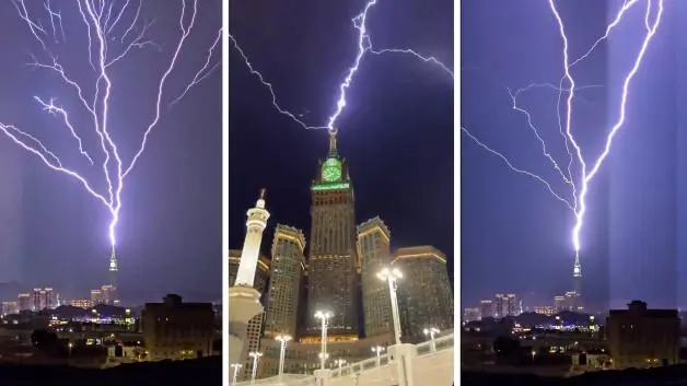 Mekke'de Mescid-i Haram'a yağmur yağdı, şimşekler gökyüzünü aydınlattı